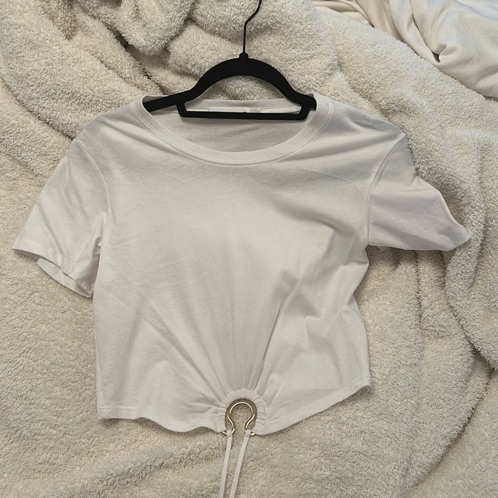 Jonathan Simkhai White Tee with Gold Detail and Tie at the bottom